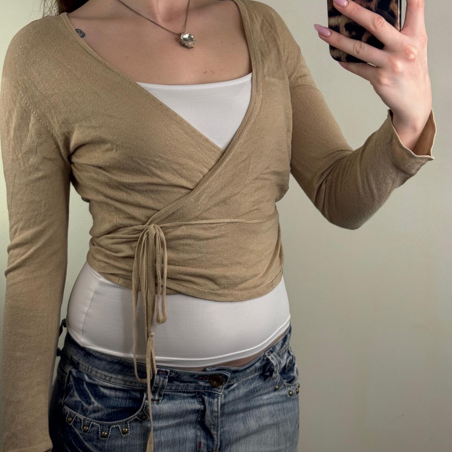 Y2K vintage long sleeve top wrap v neck adjustable bow cropped lightweight
