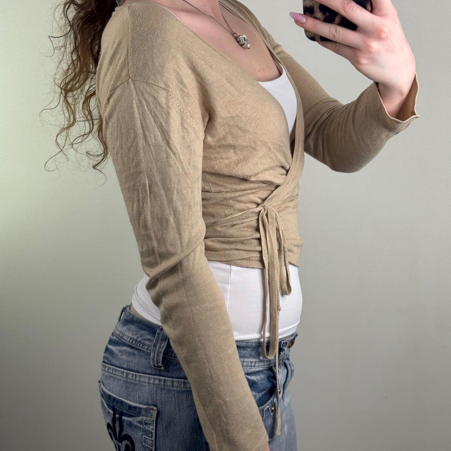 Y2K vintage long sleeve top wrap v neck adjustable bow cropped lightweight