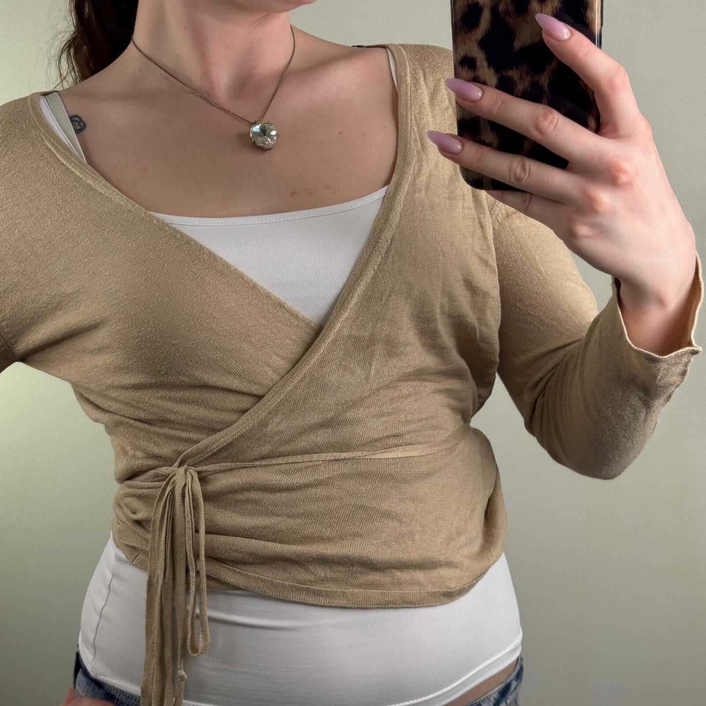 Y2K vintage long sleeve top wrap v neck adjustable bow cropped lightweight