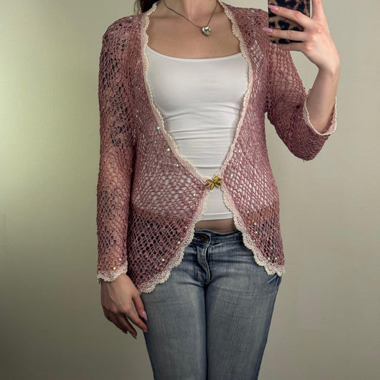 Y2K vintage cardigan crochet sequin scallop hem pink white v neck longline sheer