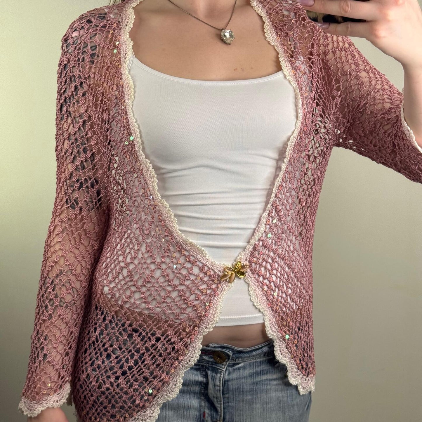 Y2K vintage cardigan crochet sequin scallop hem pink white v neck longline sheer