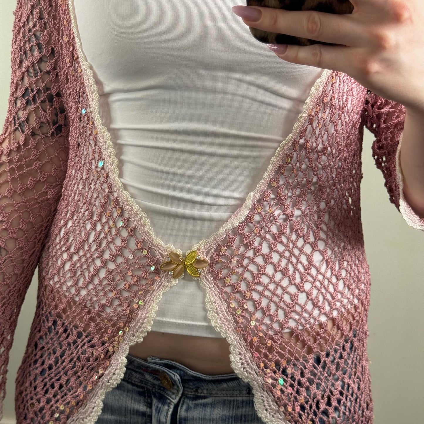 Y2K vintage cardigan crochet sequin scallop hem pink white v neck longline sheer