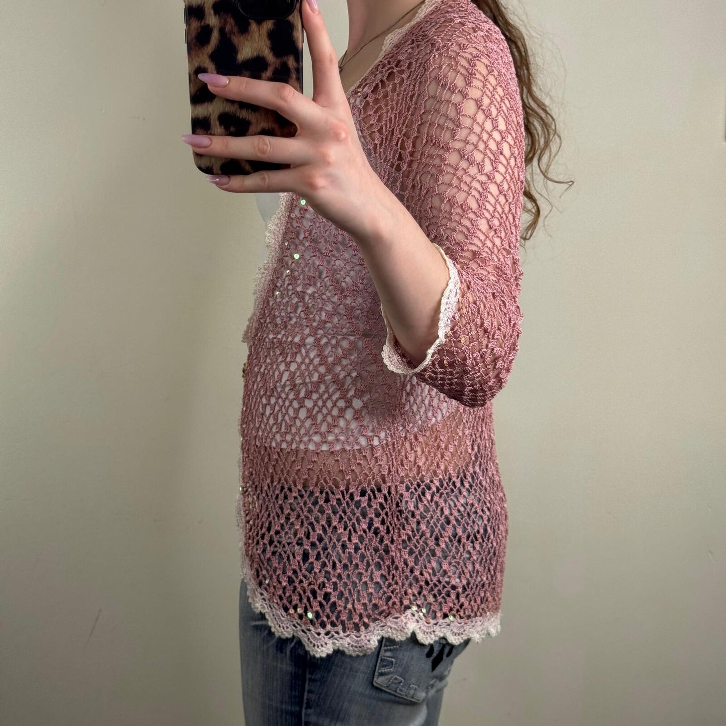 Y2K vintage cardigan crochet sequin scallop hem pink white v neck longline sheer