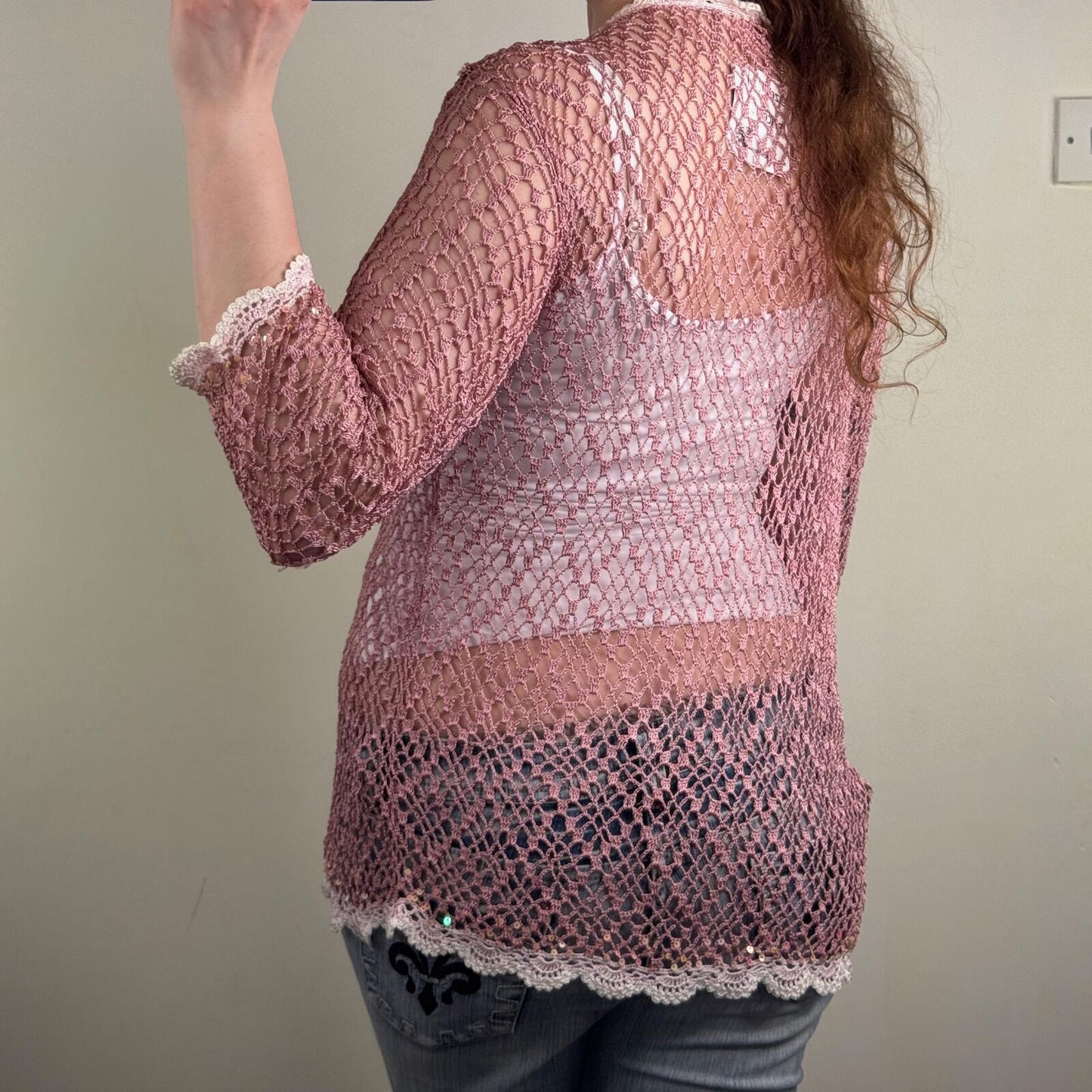 Y2K vintage cardigan crochet sequin scallop hem pink white v neck longline sheer
