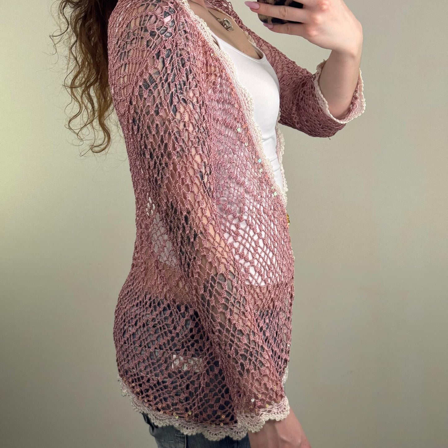 Y2K vintage cardigan crochet sequin scallop hem pink white v neck longline sheer