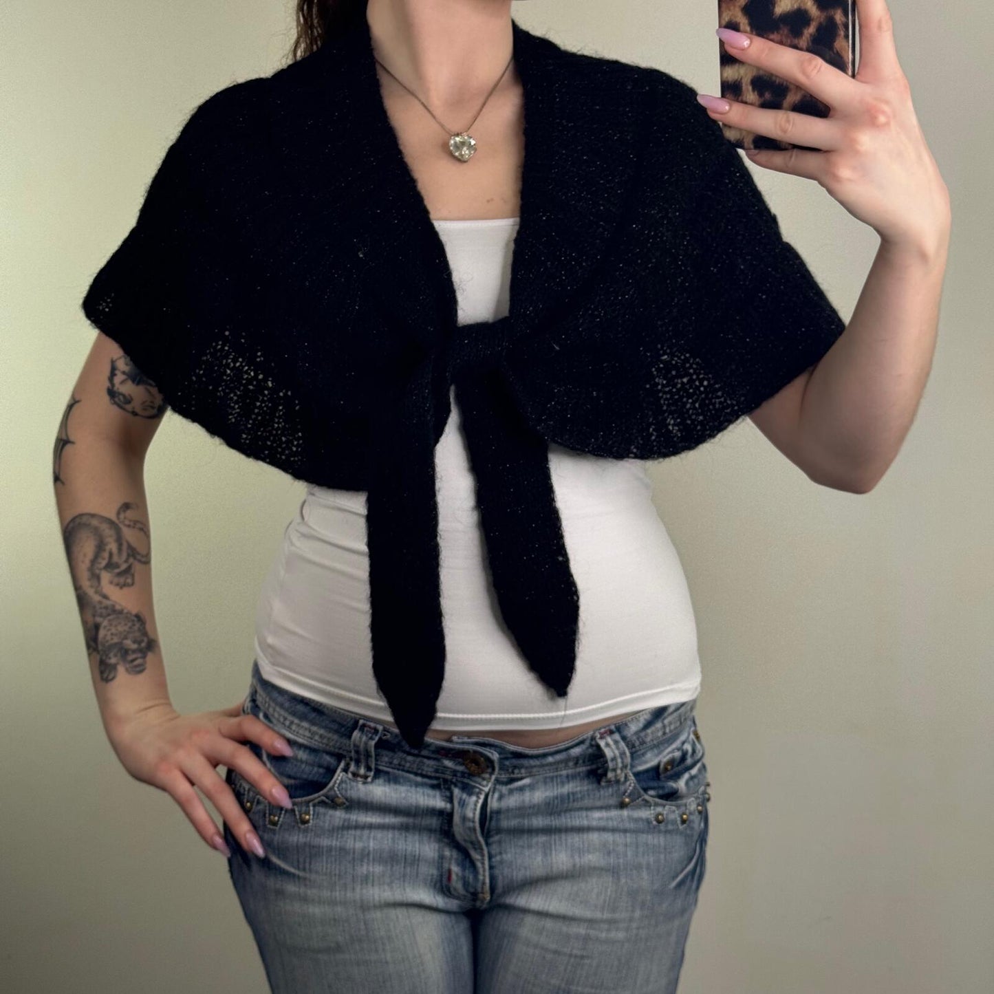 Y2K vintage Gap cardigan cape mohair blend sparkly glitter knot cropped black