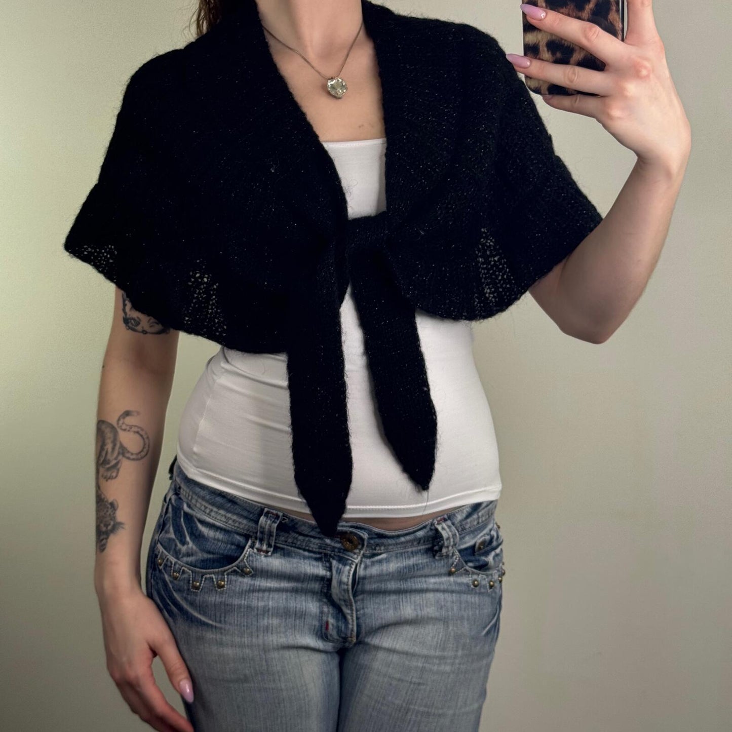 Y2K vintage Gap cardigan cape mohair blend sparkly glitter knot cropped black