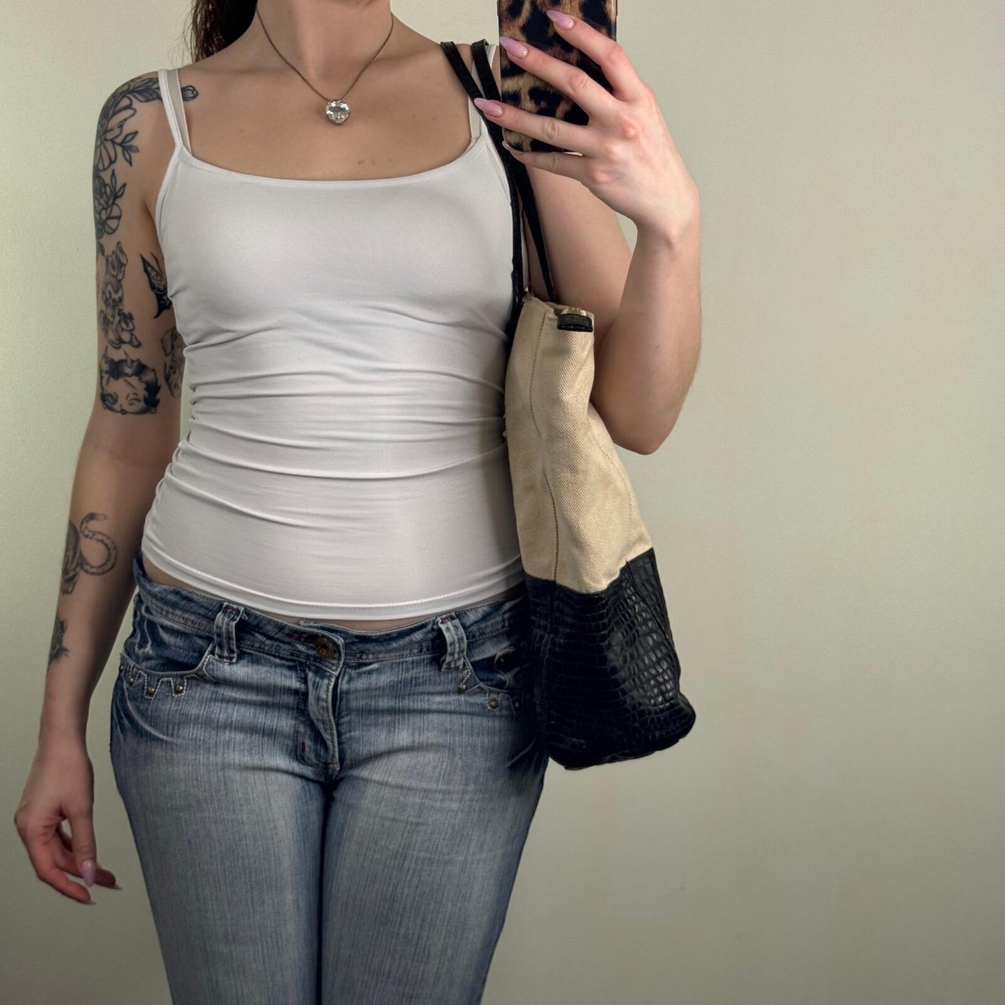 Y2K vintage shoulder bag large canvas genuine leather trim zip croc print cream