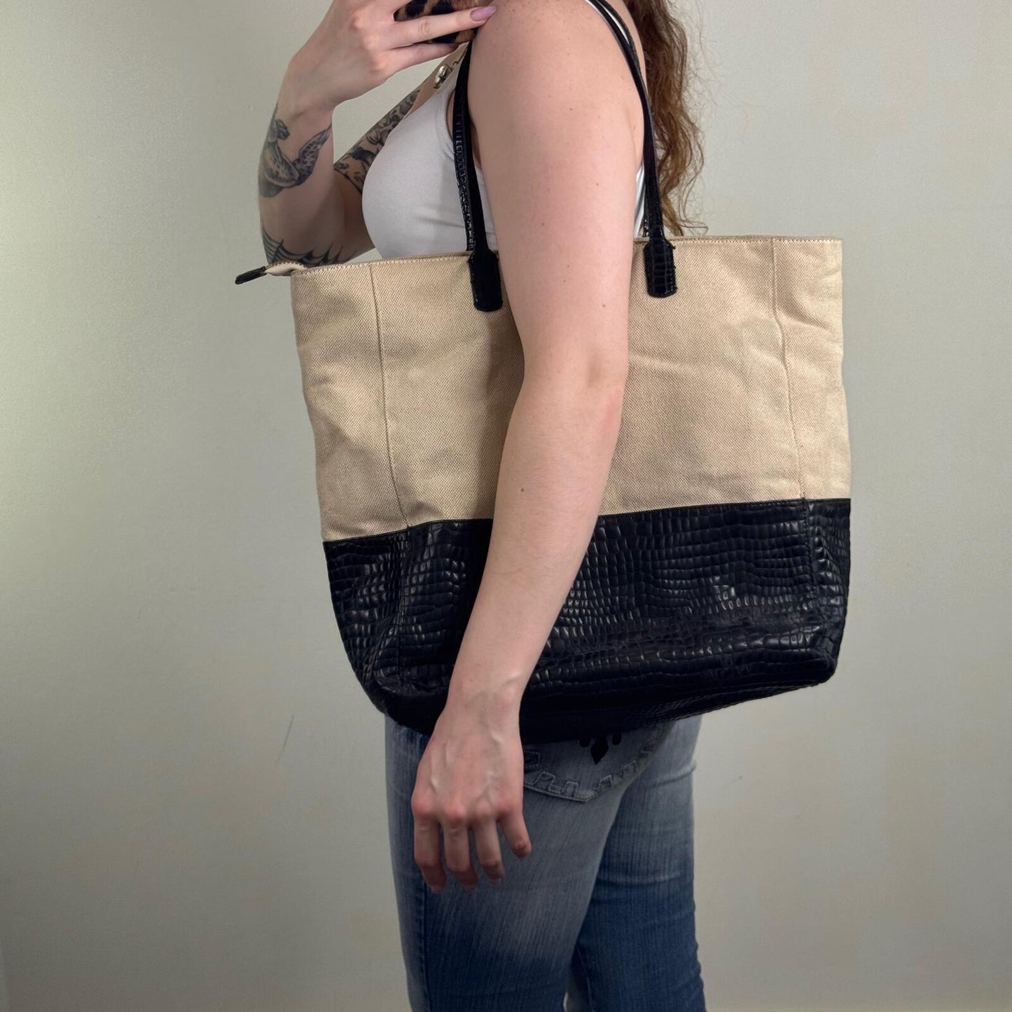 Y2K vintage shoulder bag large canvas genuine leather trim zip croc print cream