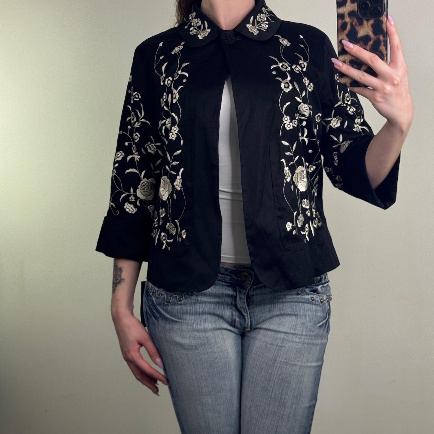 Y2K vintage embroidered jacket floral pea coat 3/4 sleeve short boho button