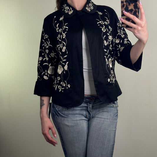 Y2K vintage embroidered jacket floral pea coat 3/4 sleeve short boho button