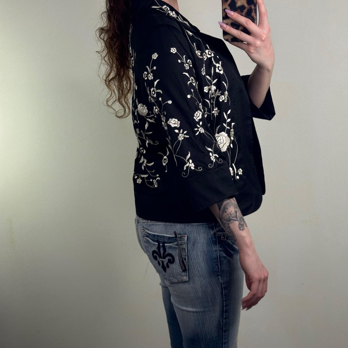 Y2K vintage embroidered jacket floral pea coat 3/4 sleeve short boho button