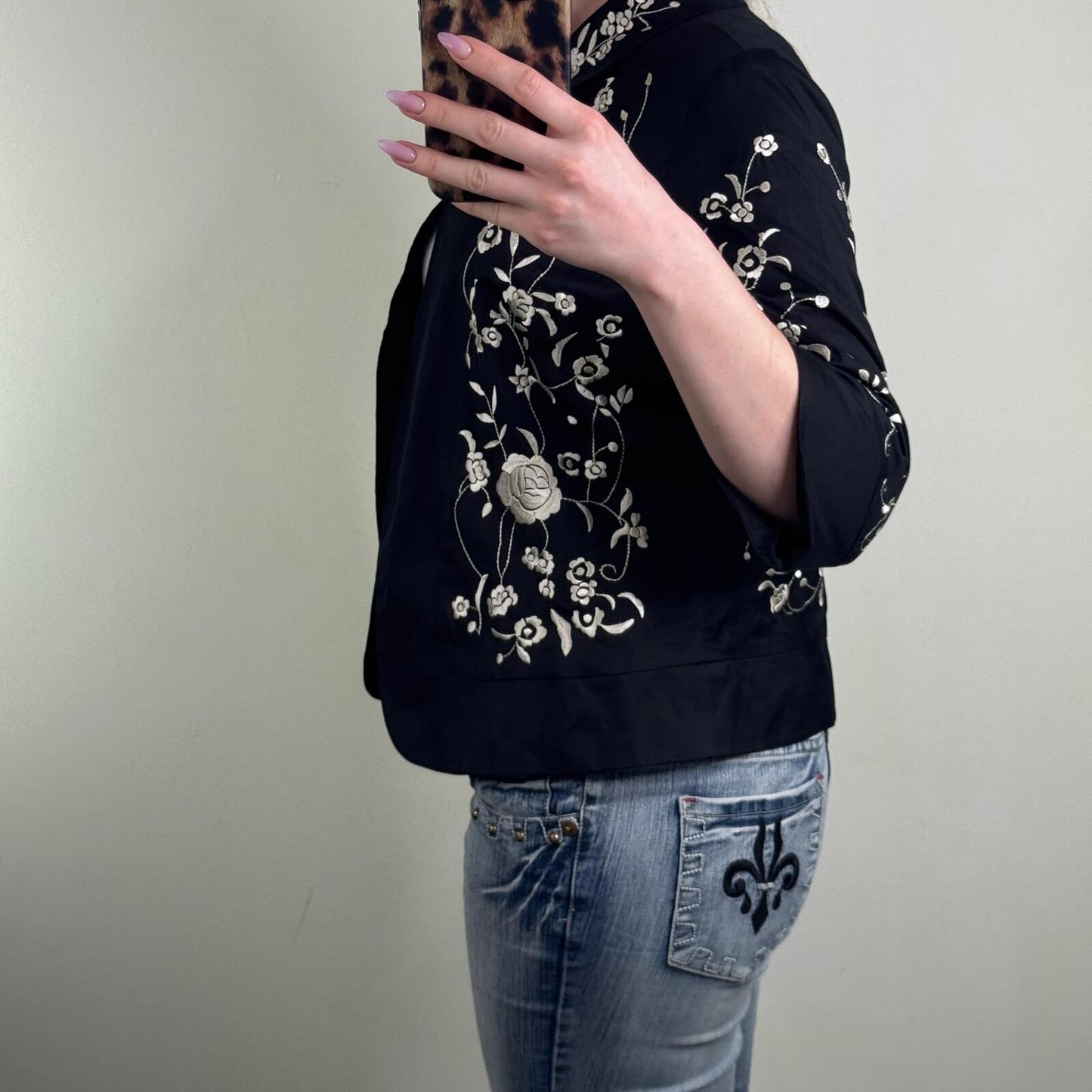 Y2K vintage embroidered jacket floral pea coat 3/4 sleeve short boho button