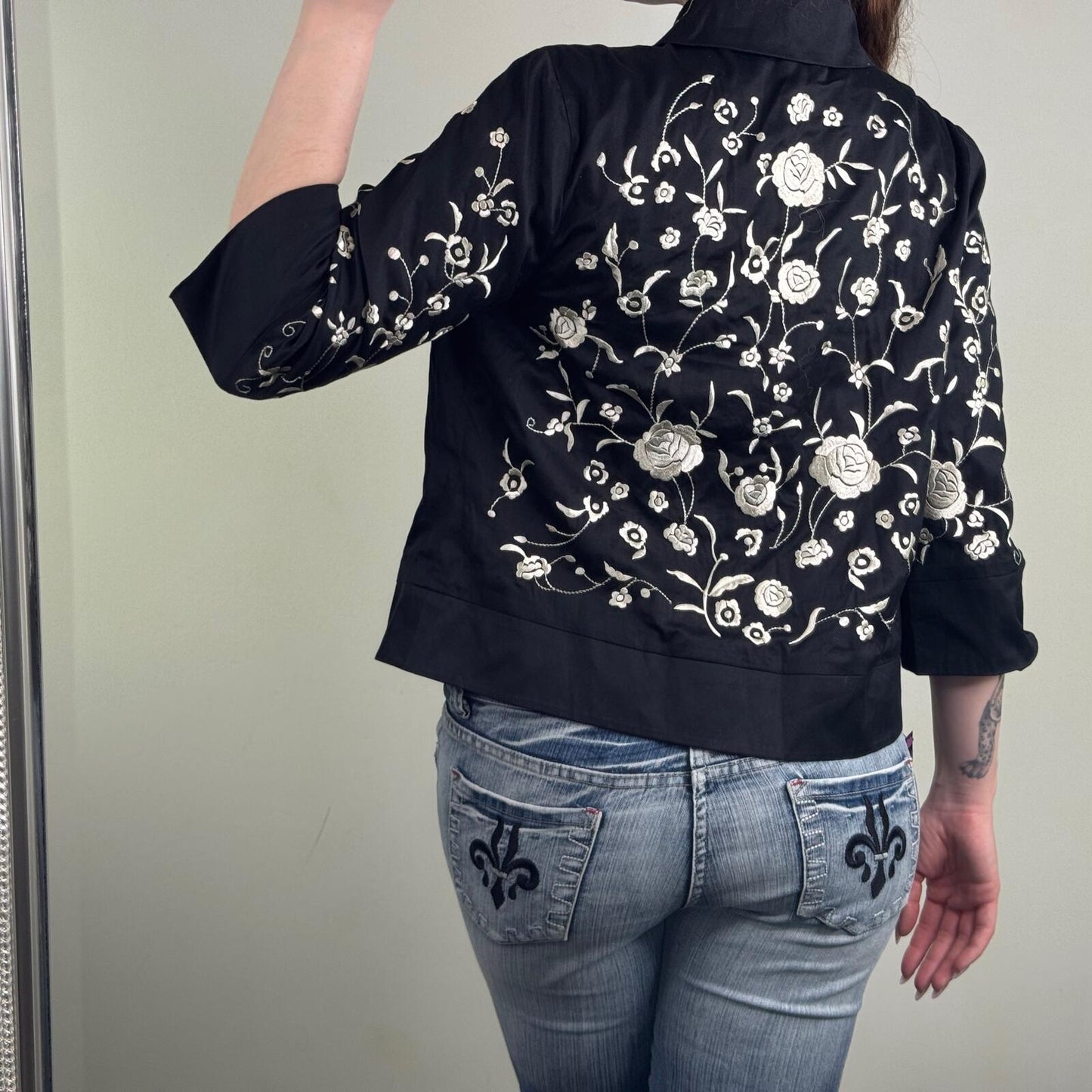Y2K vintage embroidered jacket floral pea coat 3/4 sleeve short boho button