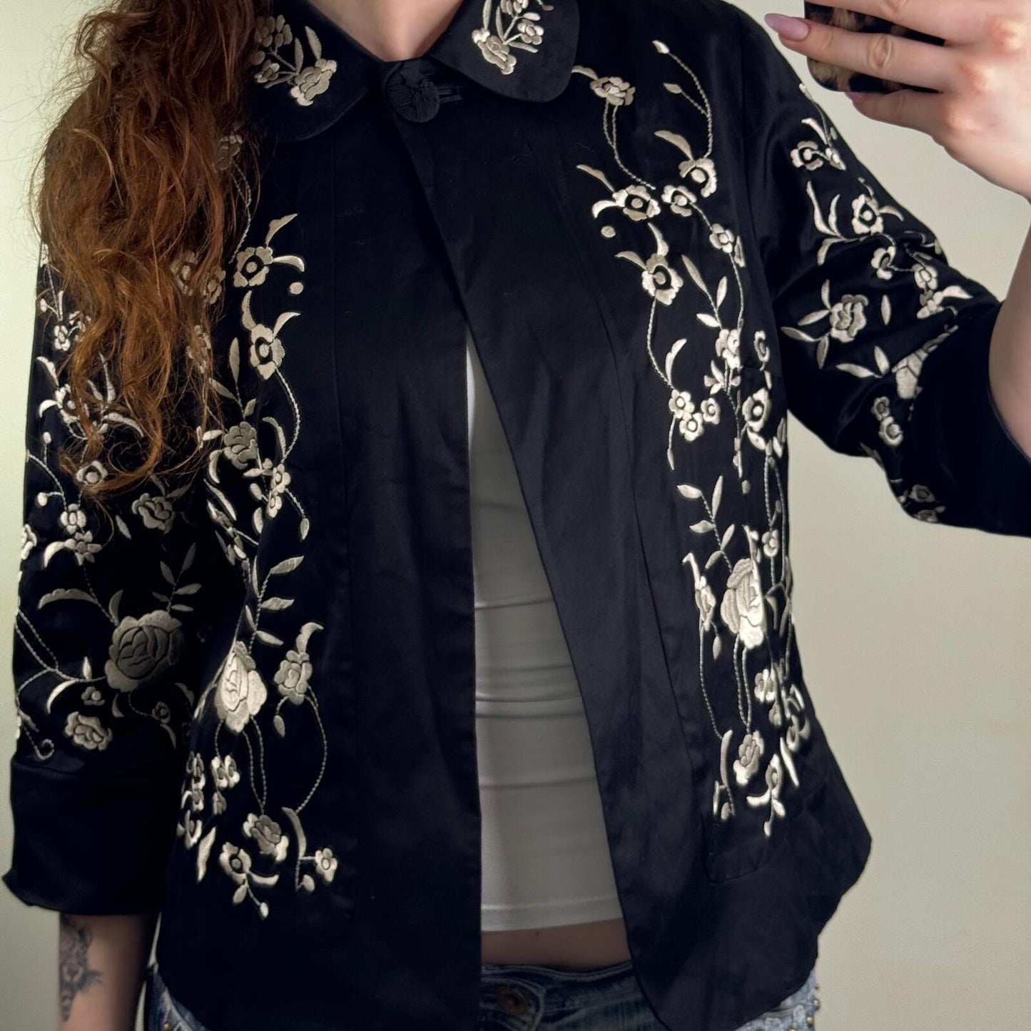 Y2K vintage embroidered jacket floral pea coat 3/4 sleeve short boho button