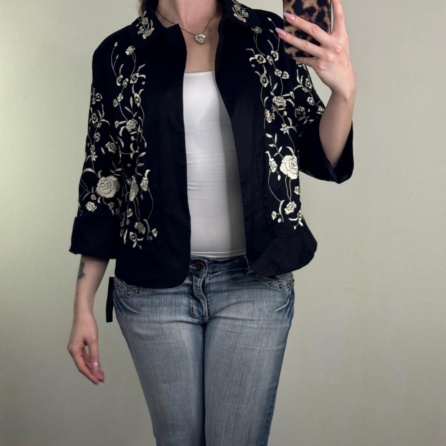 Y2K vintage embroidered jacket floral pea coat 3/4 sleeve short boho button