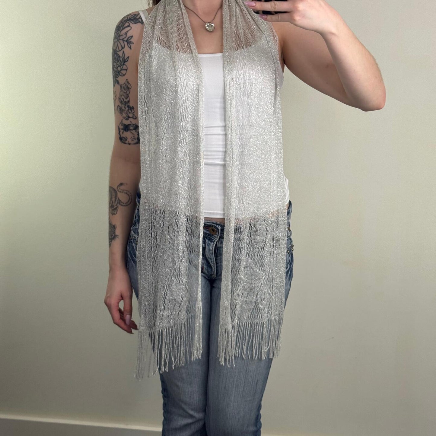 Y2K vintage sheer scarf lightweight floral pattern glitter sparkly silver fringe