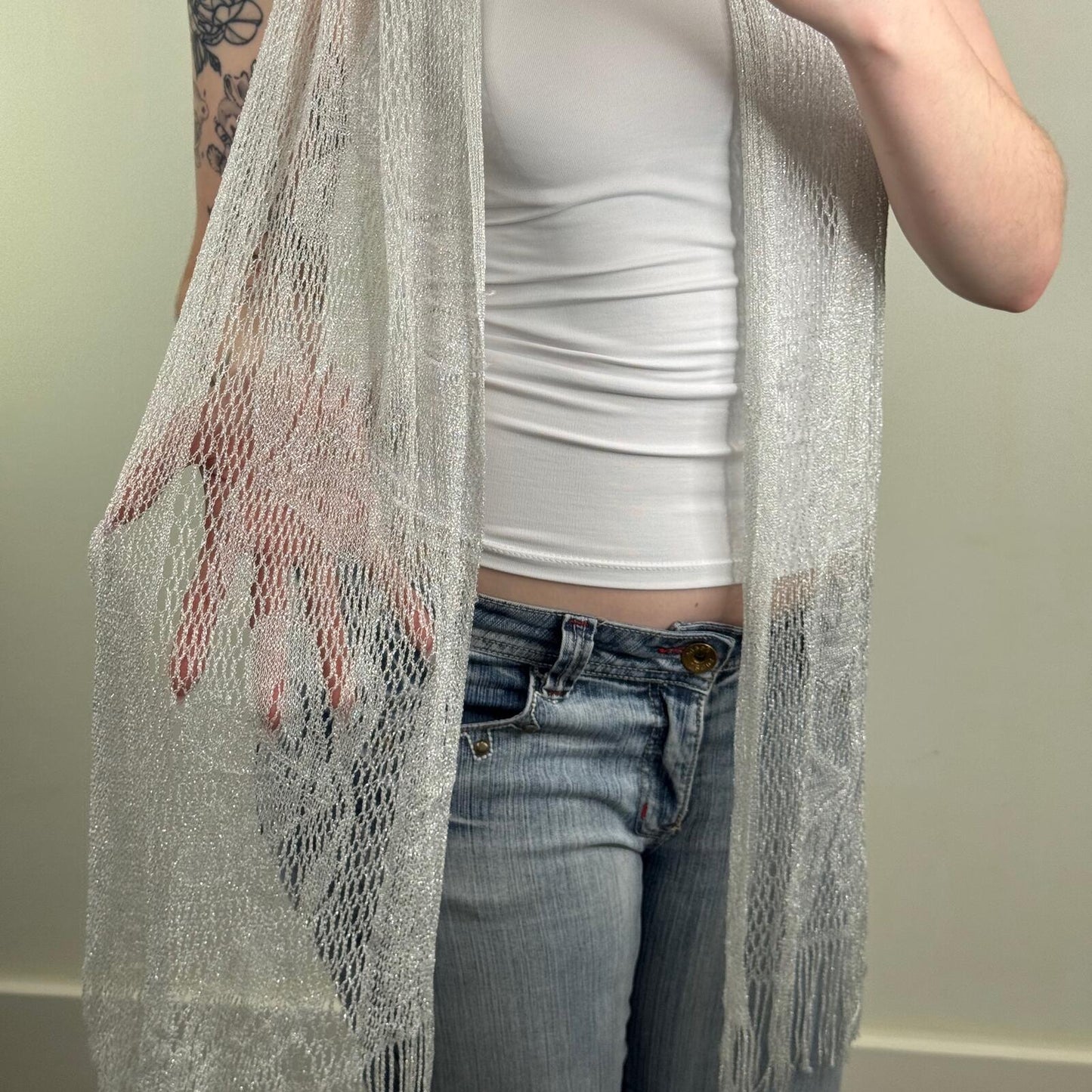 Y2K vintage sheer scarf lightweight floral pattern glitter sparkly silver fringe