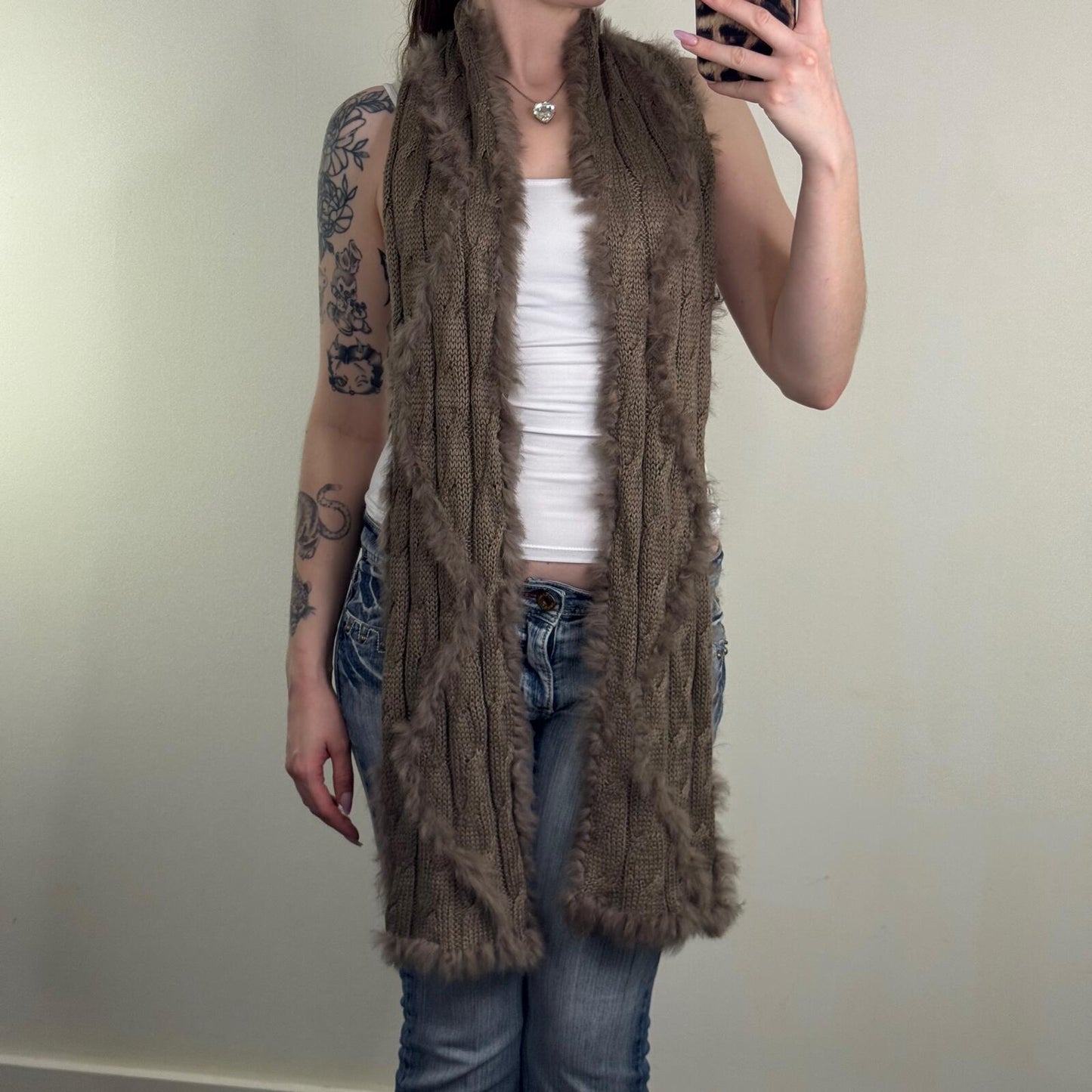 Vintage genuine real rabbit fur scarf cable knit brown chunky knitted