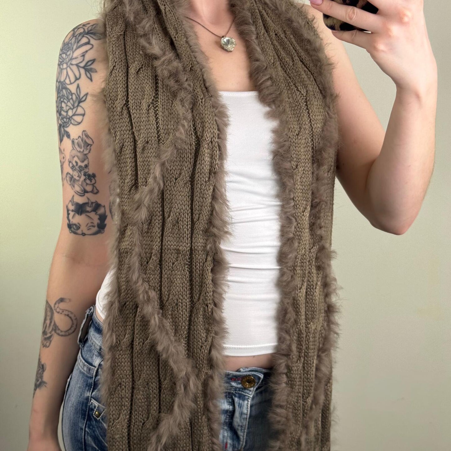 Vintage genuine real rabbit fur scarf cable knit brown chunky knitted