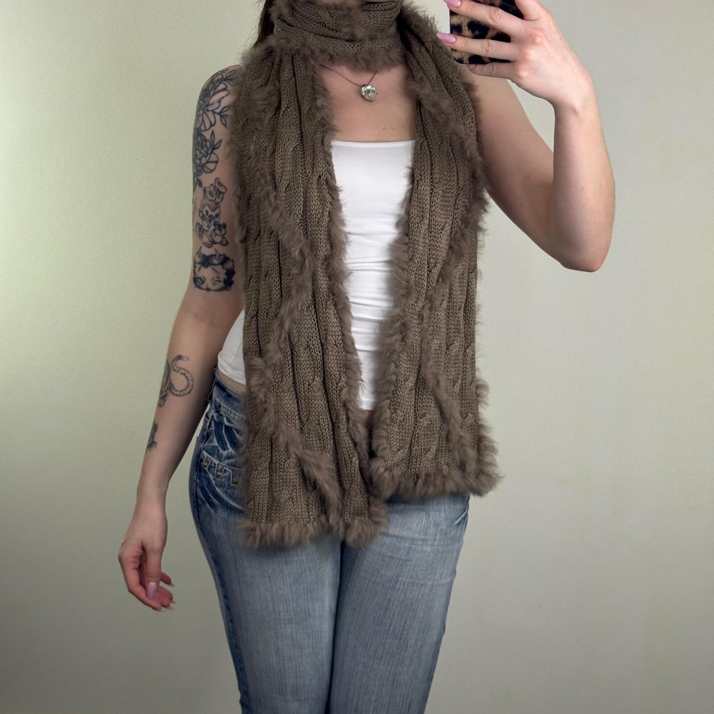 Vintage genuine real rabbit fur scarf cable knit brown chunky knitted