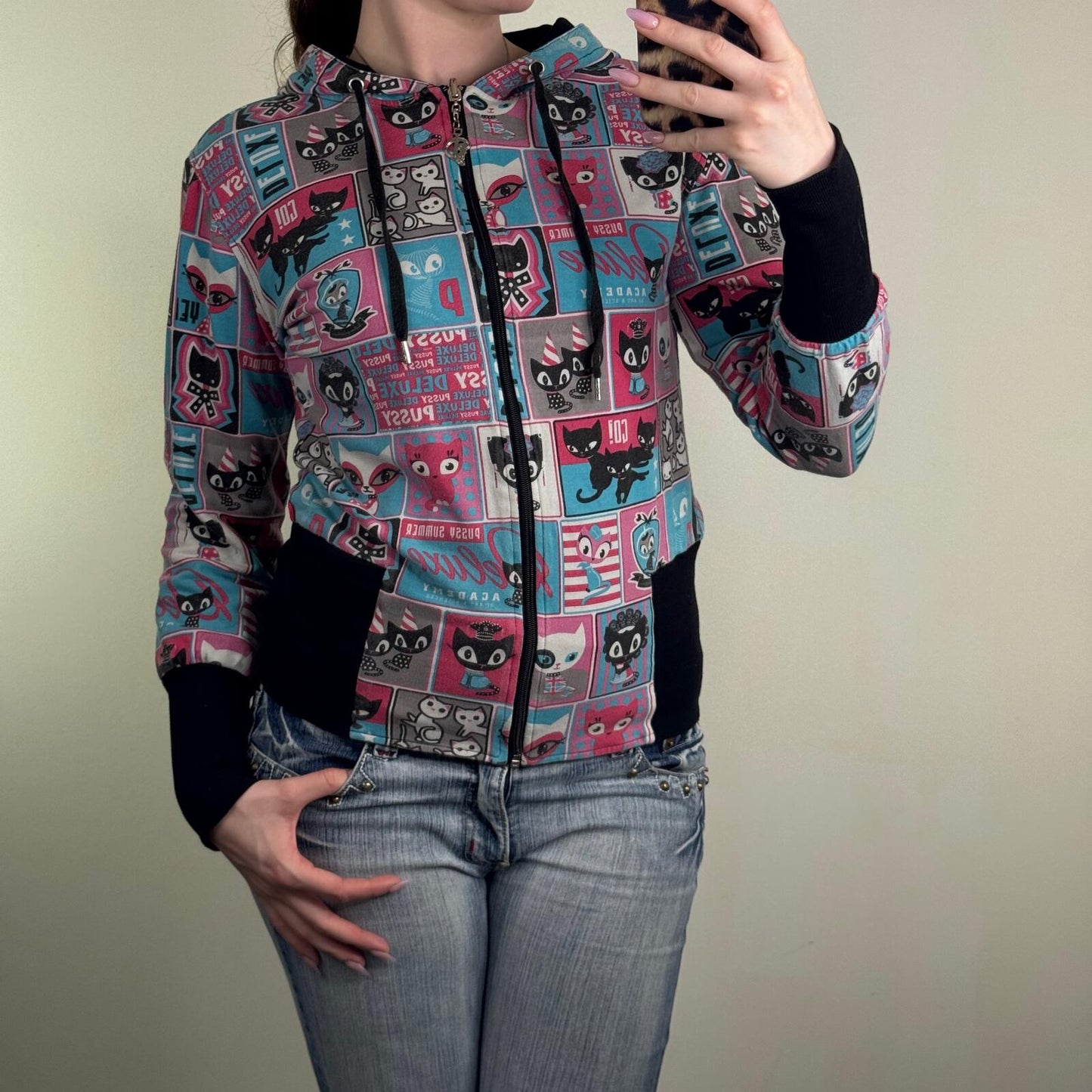 Y2K vintage zip up hoodie reversible cat graphic print comic elastic waistband