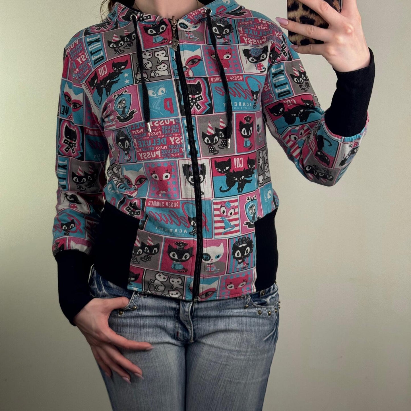 Y2K vintage zip up hoodie reversible cat graphic print comic elastic waistband