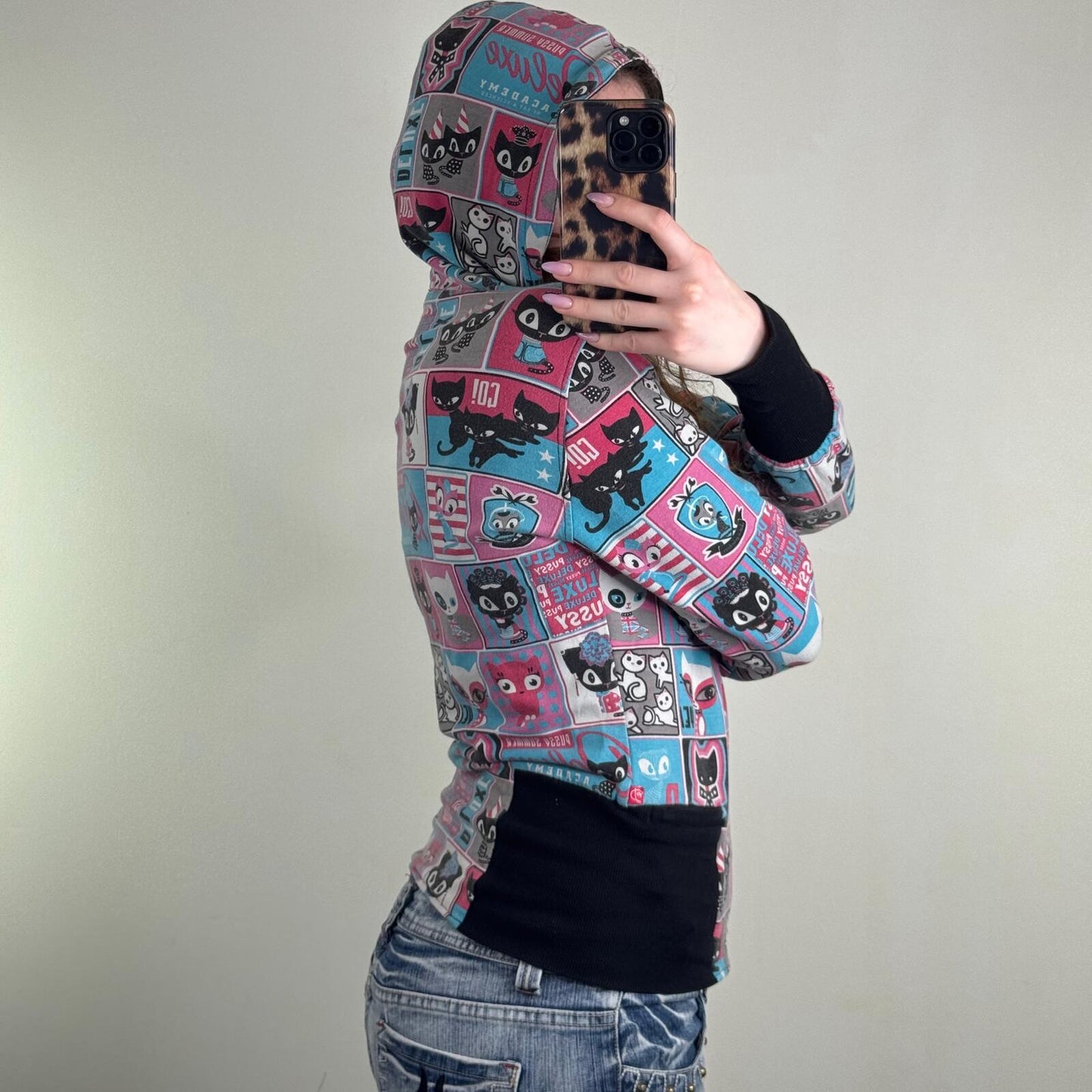 Y2K vintage zip up hoodie reversible cat graphic print comic elastic waistband