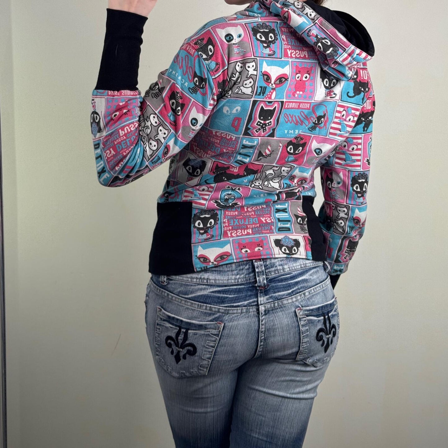 Y2K vintage zip up hoodie reversible cat graphic print comic elastic waistband