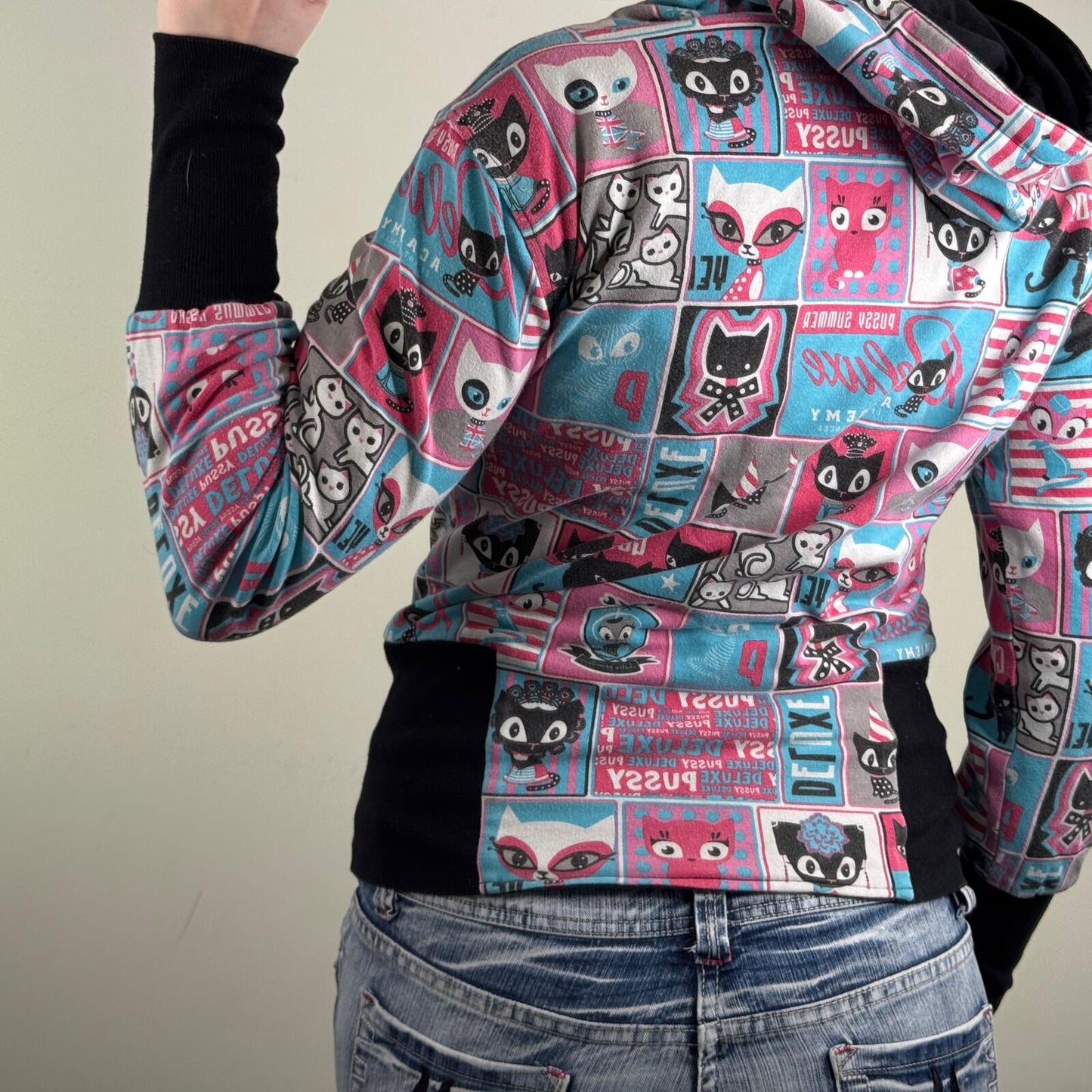 Y2K vintage zip up hoodie reversible cat graphic print comic elastic waistband