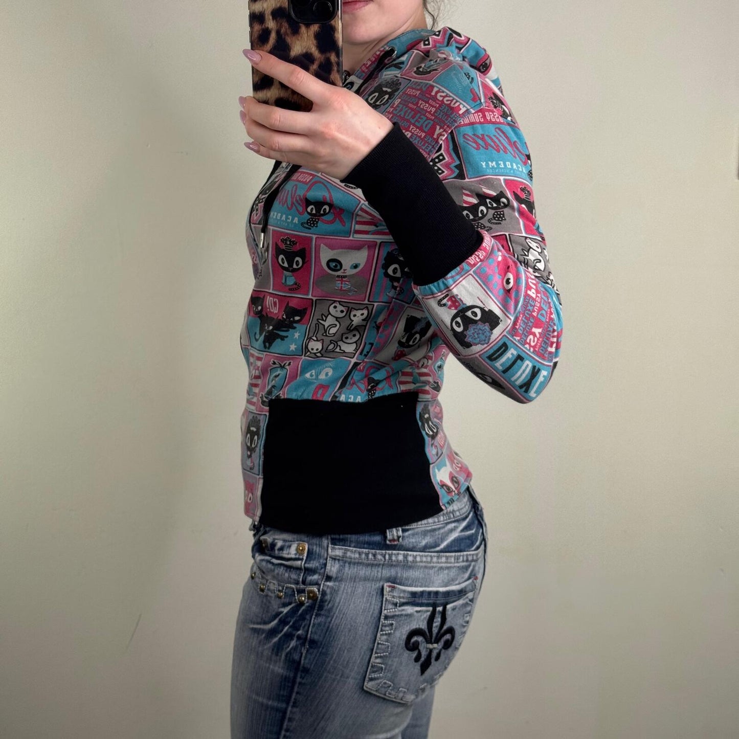 Y2K vintage zip up hoodie reversible cat graphic print comic elastic waistband