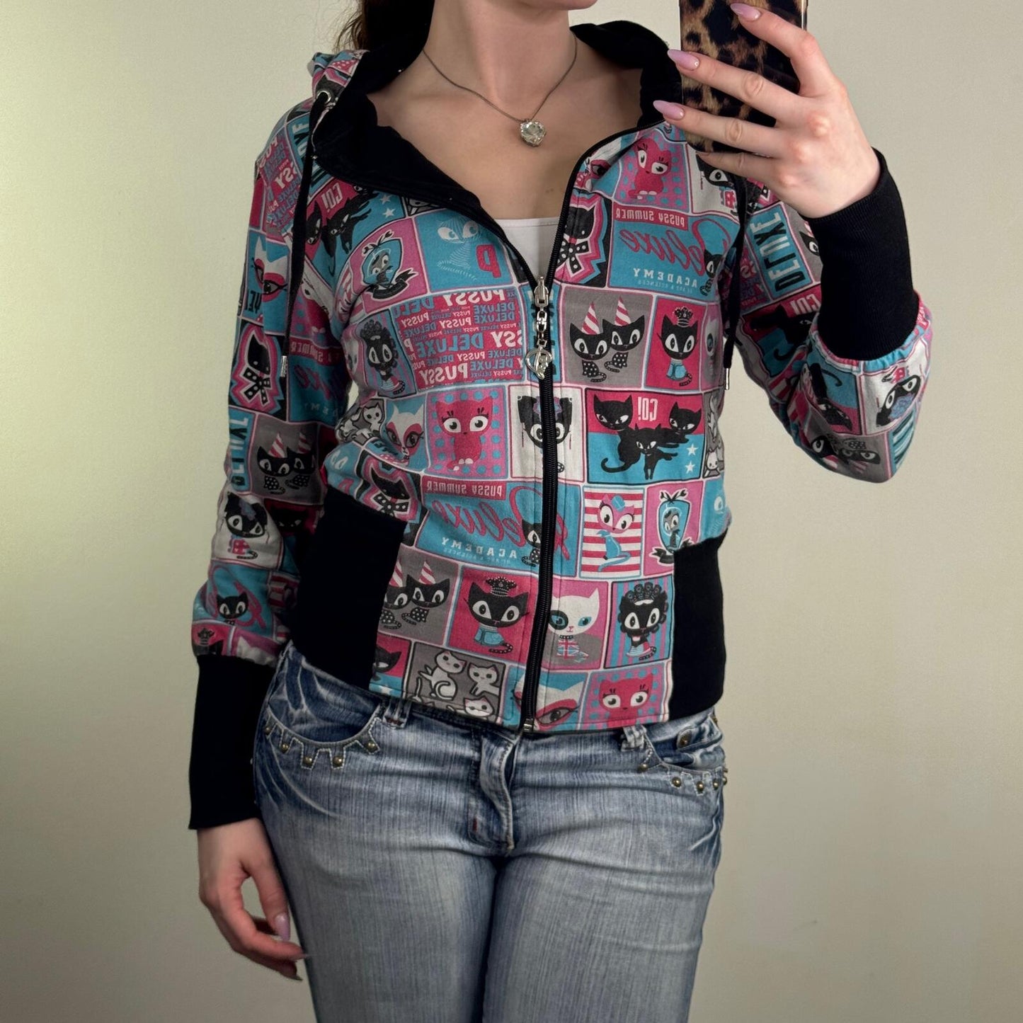 Y2K vintage zip up hoodie reversible cat graphic print comic elastic waistband