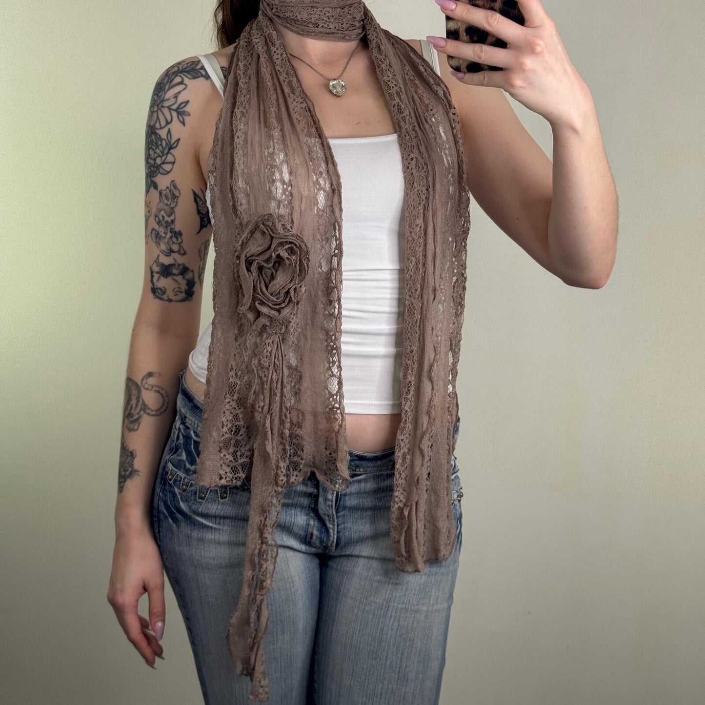 Y2K vintage scarf lace floral sheer ruffle frilly light brown