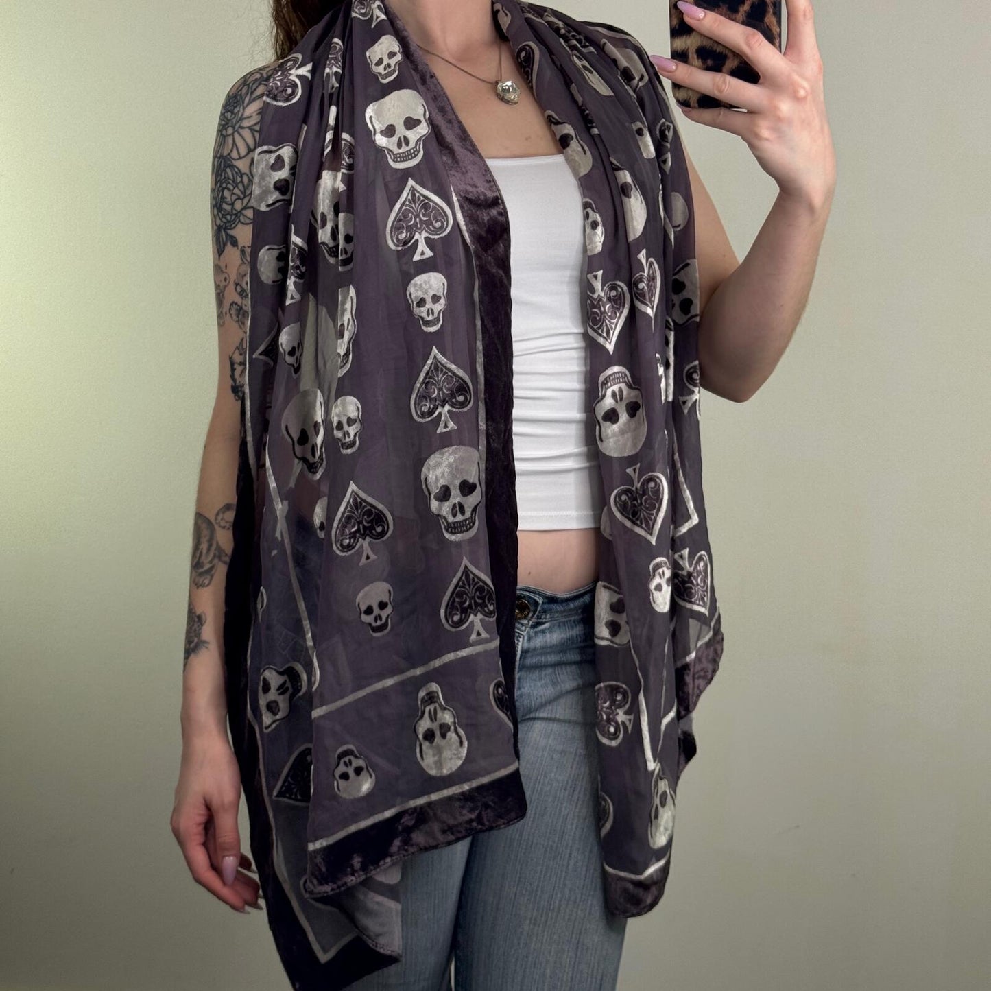 Y2K vintage skull scarf sheer spades velour pattern large indie sleeze 2010s