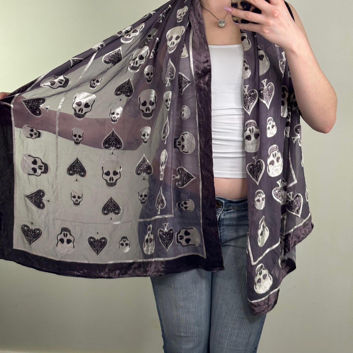 Y2K vintage skull scarf sheer spades velour pattern large indie sleeze 2010s