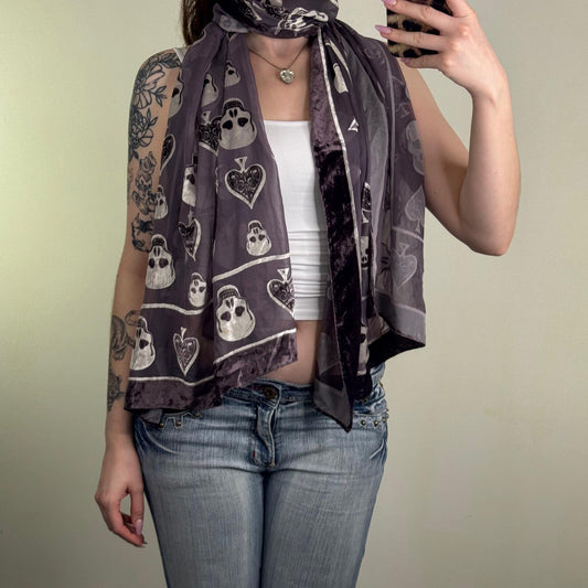 Y2K vintage skull scarf sheer spades velour pattern large indie sleeze 2010s