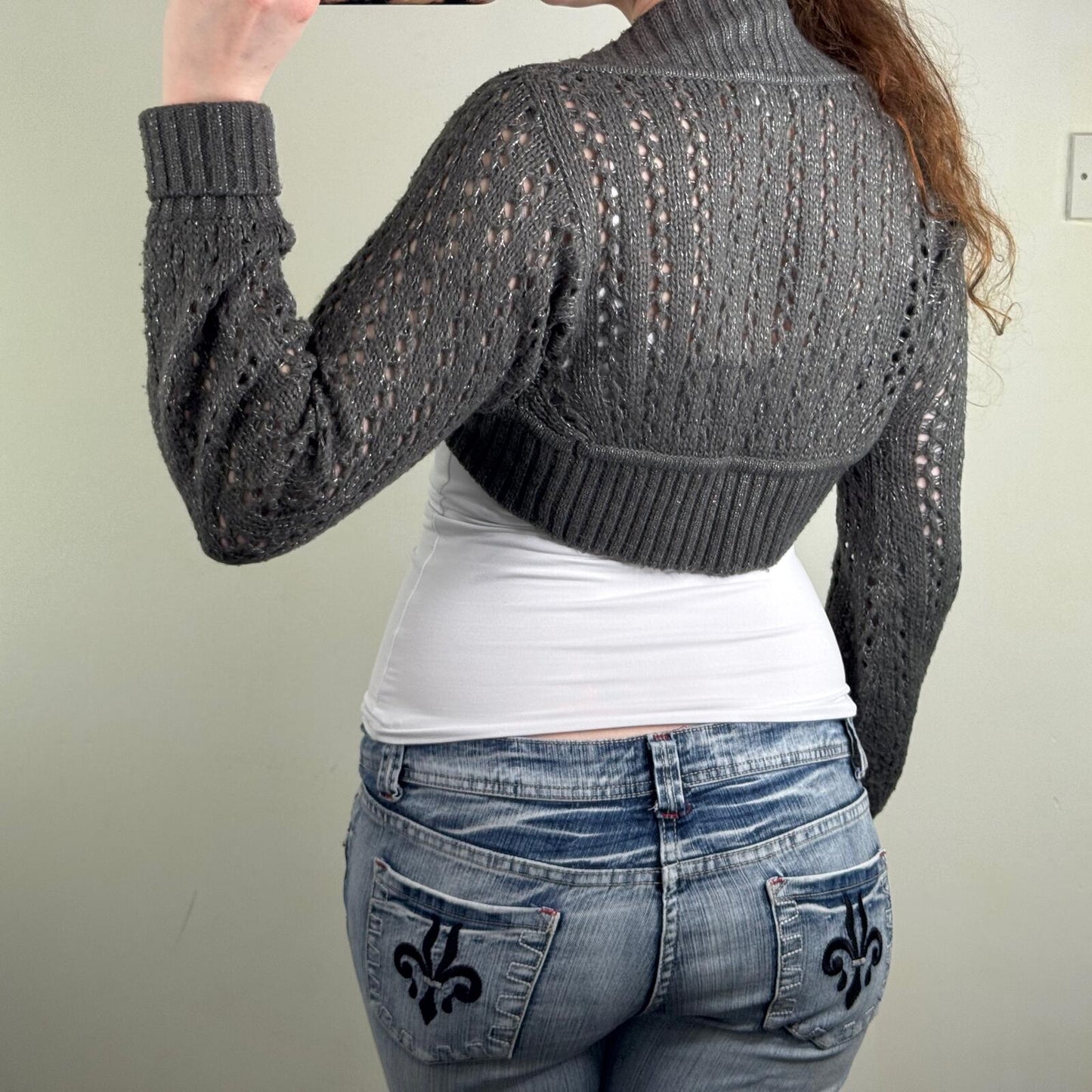 Y2K vintage cardigan bolero sparkly glitter knit cropped long sleeve knitted