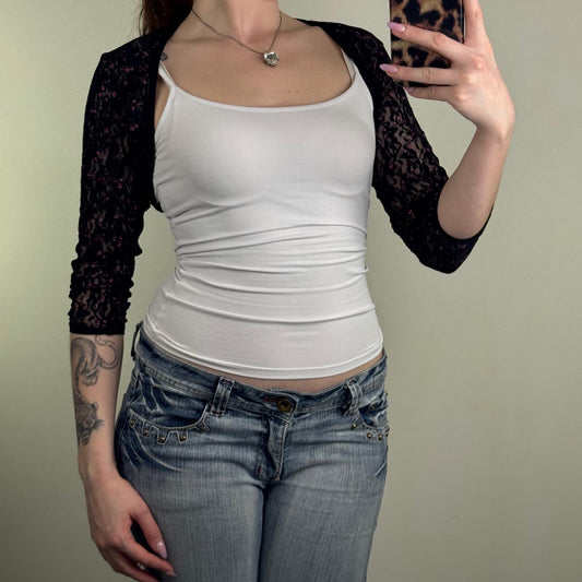 Y2K vintage lace cardigan sheer ditsy floral bolero 3/4 sleeve cropped floral