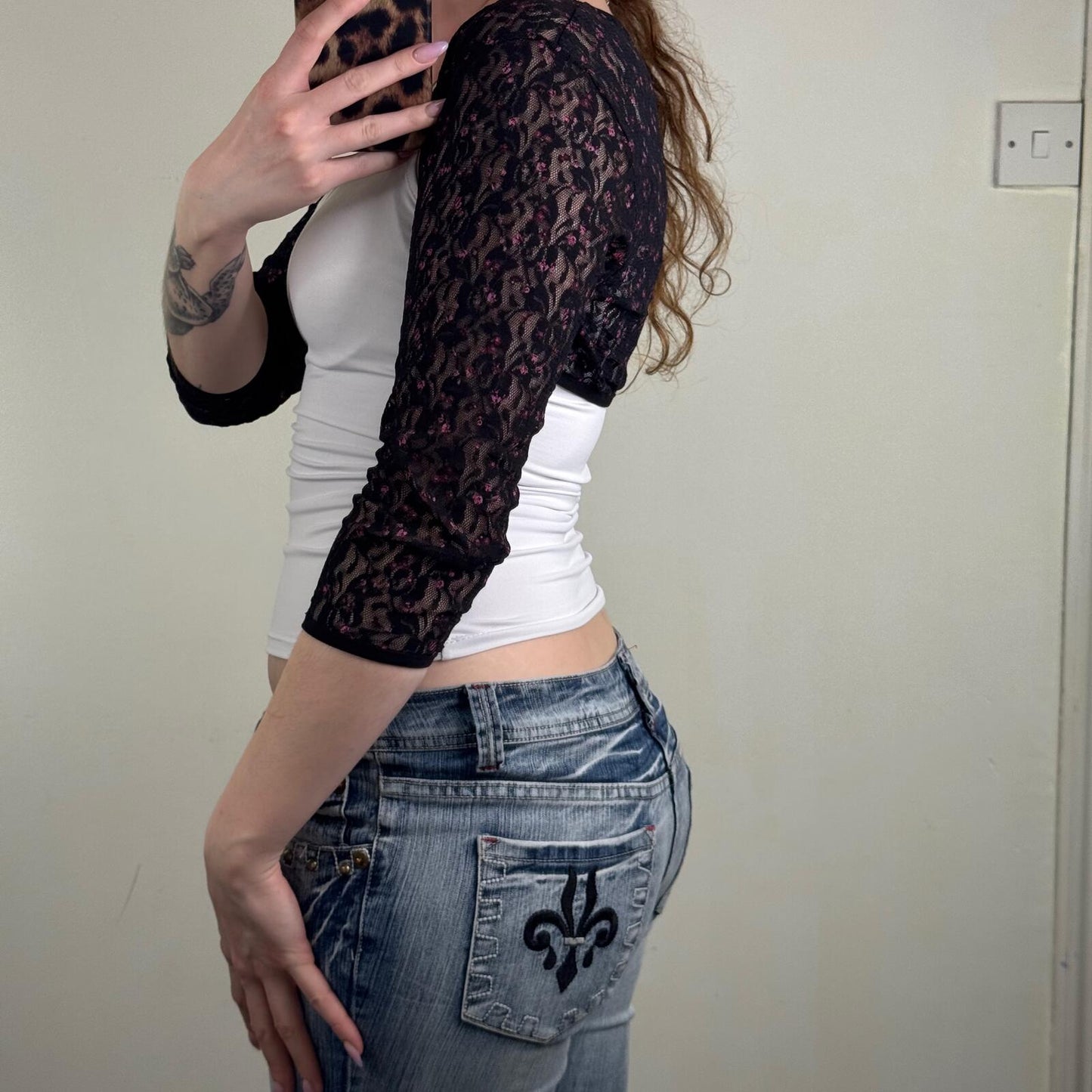 Y2K vintage lace cardigan sheer ditsy floral bolero 3/4 sleeve cropped floral