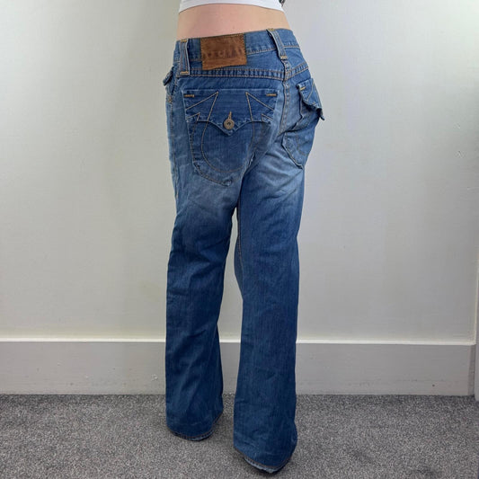 Y2K vintage True Religion bootcut denim jeans embroidered cargo pockets faded