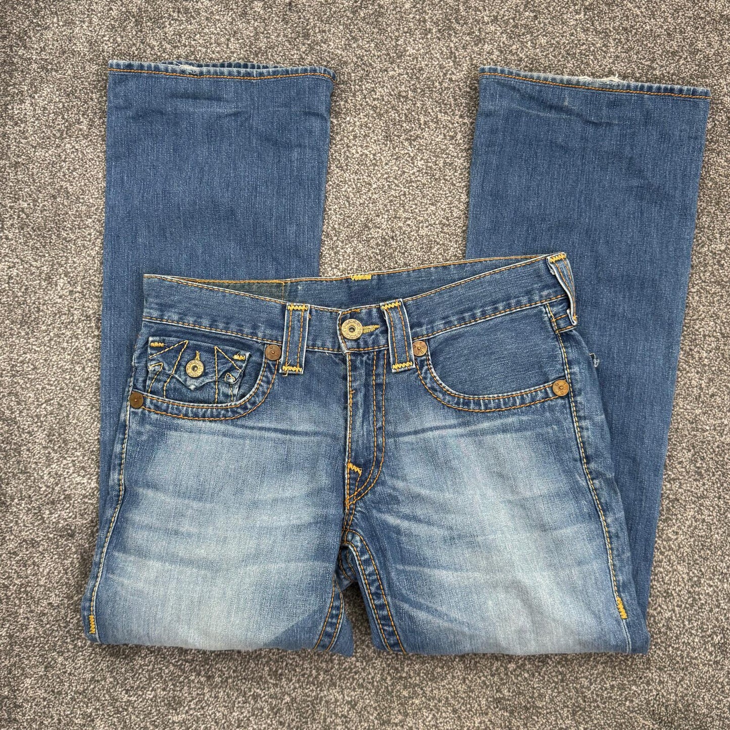 Y2K vintage True Religion bootcut denim jeans embroidered cargo pockets faded