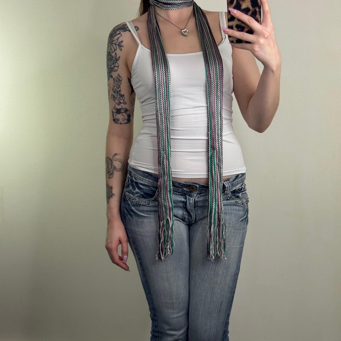 Y2K vintage scarf skinny thin stripe fringe brown purple white green