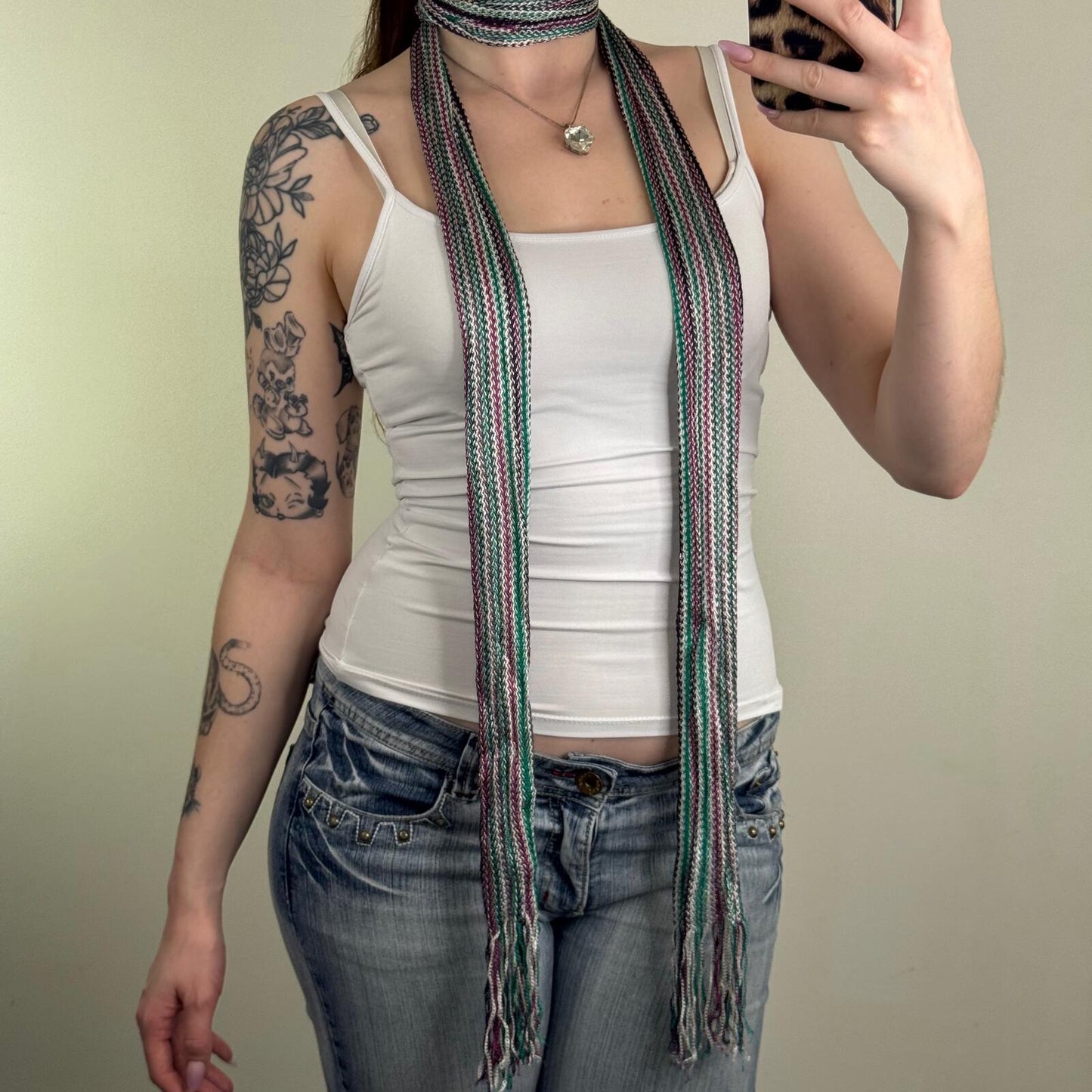 Y2K vintage scarf skinny thin stripe fringe brown purple white green
