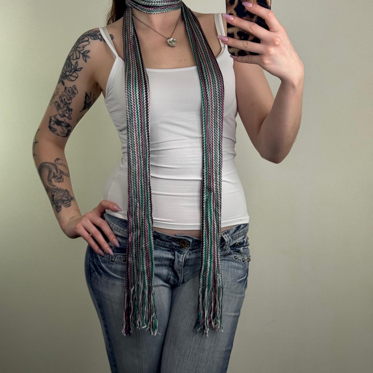 Y2K vintage scarf skinny thin stripe fringe brown purple white green