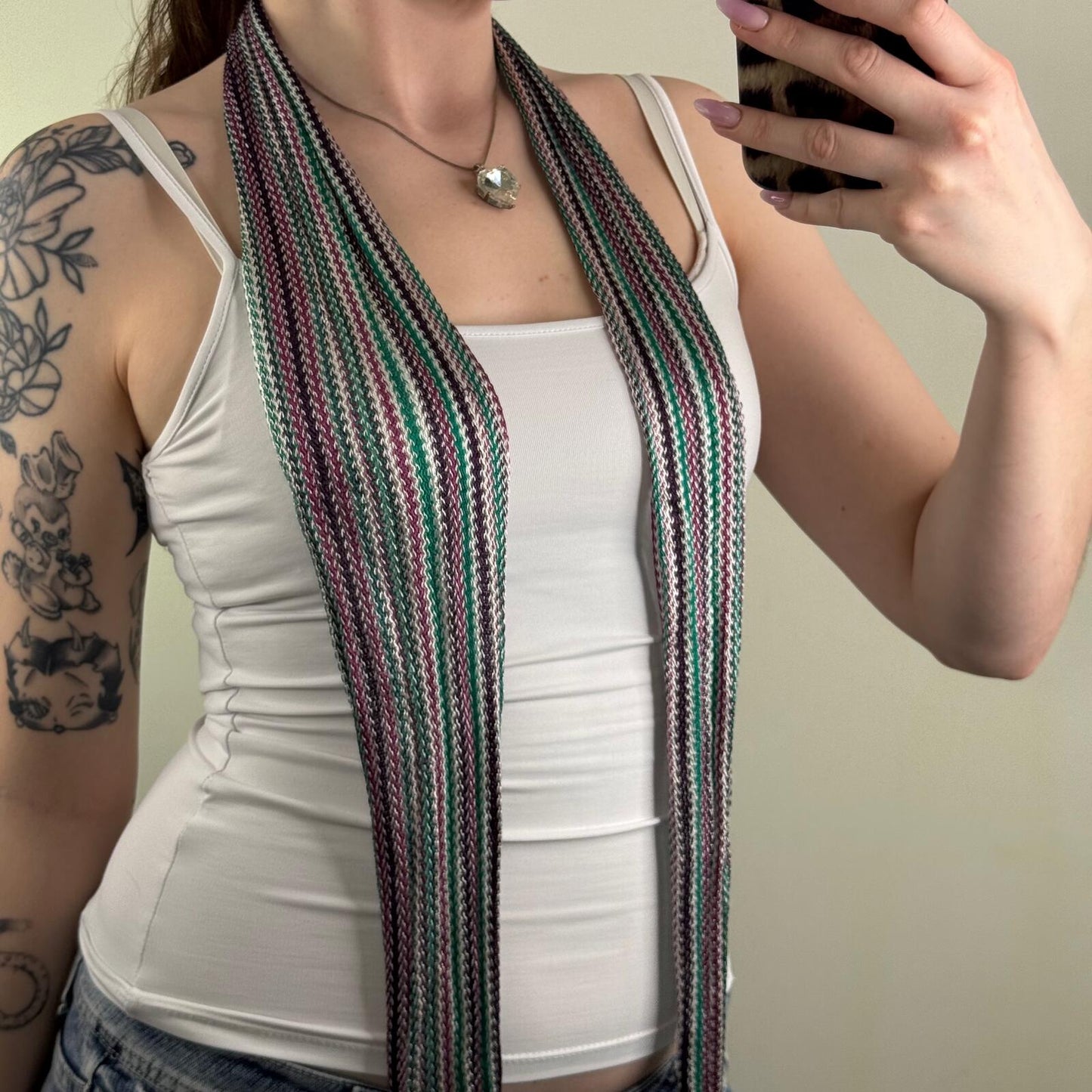 Y2K vintage scarf skinny thin stripe fringe brown purple white green