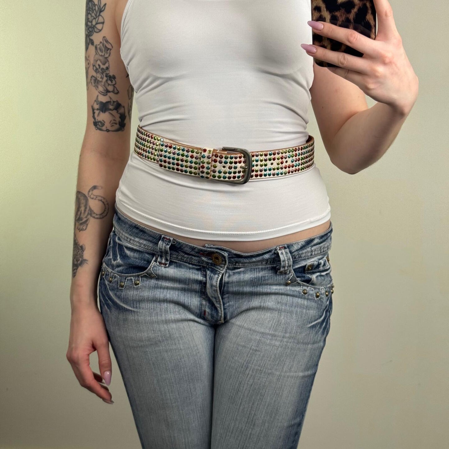 Y2K vintage belt genuine cow leather studded rainbow cracked effect multi white