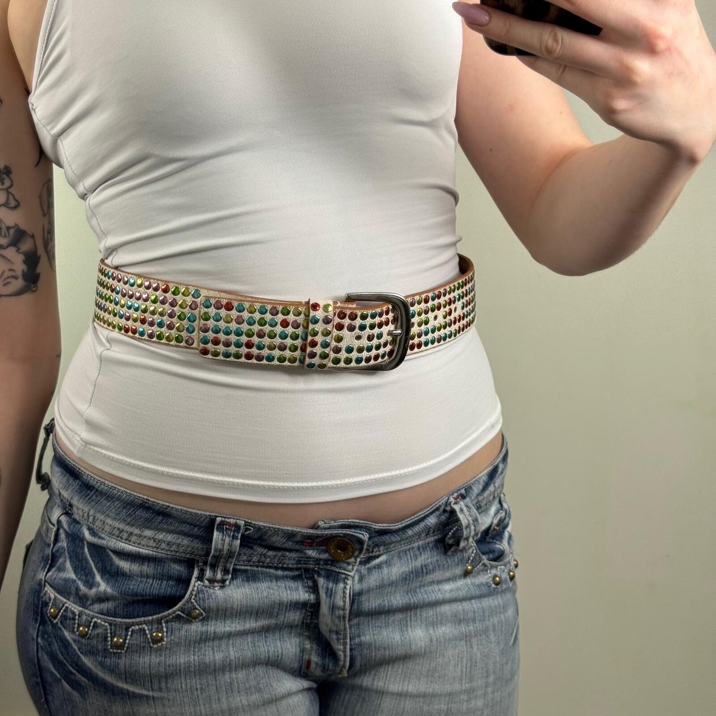Y2K vintage belt genuine cow leather studded rainbow cracked effect multi white