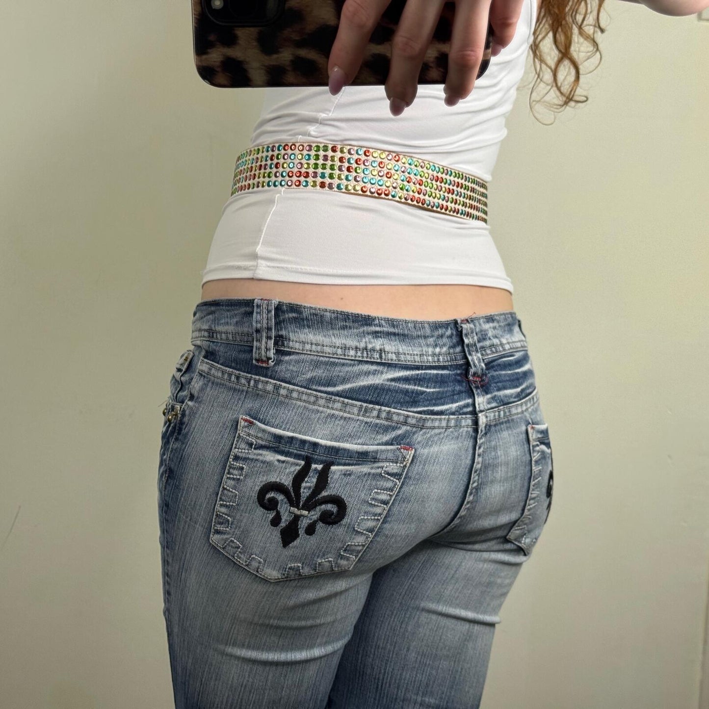 Y2K vintage belt genuine cow leather studded rainbow cracked effect multi white