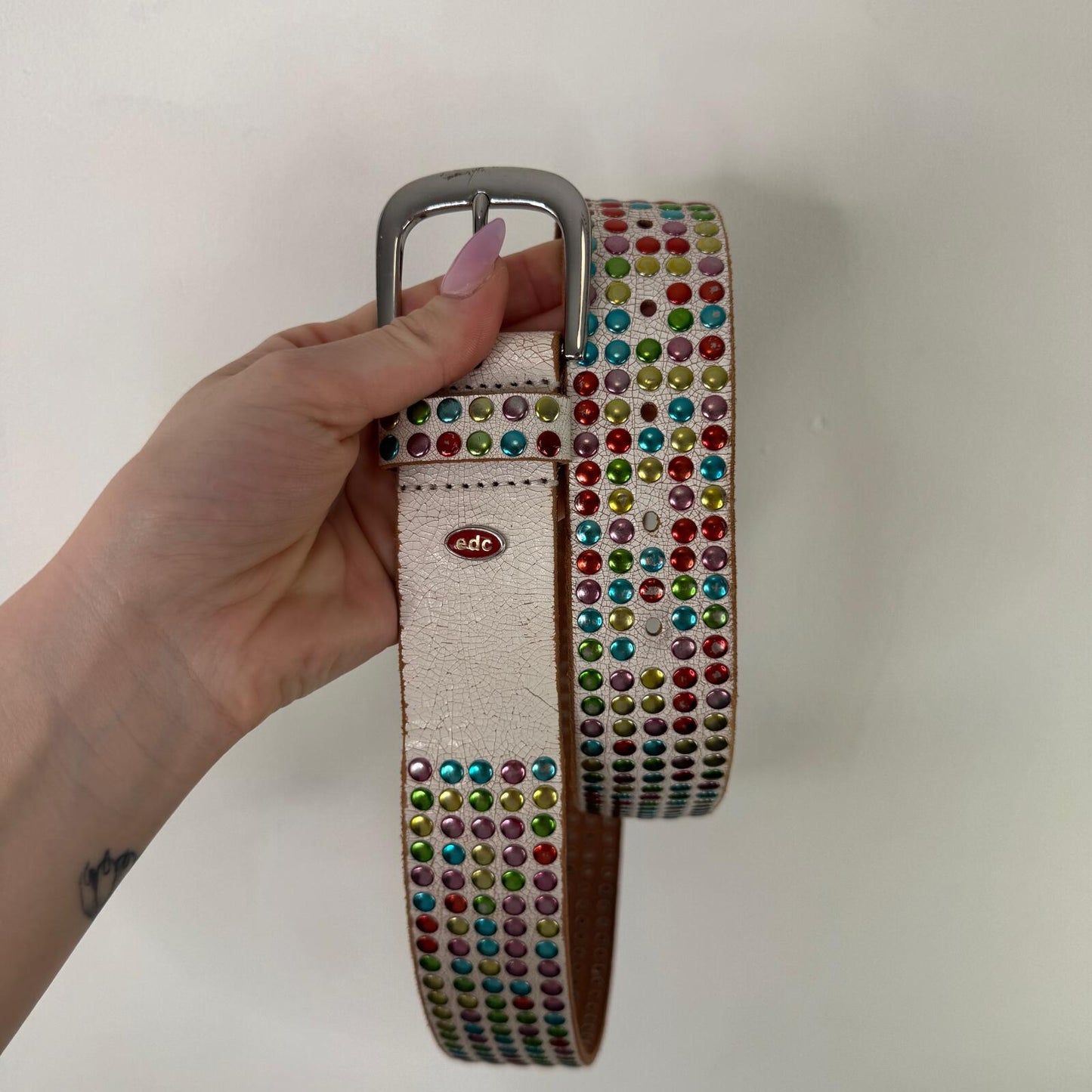 Y2K vintage belt genuine cow leather studded rainbow cracked effect multi white