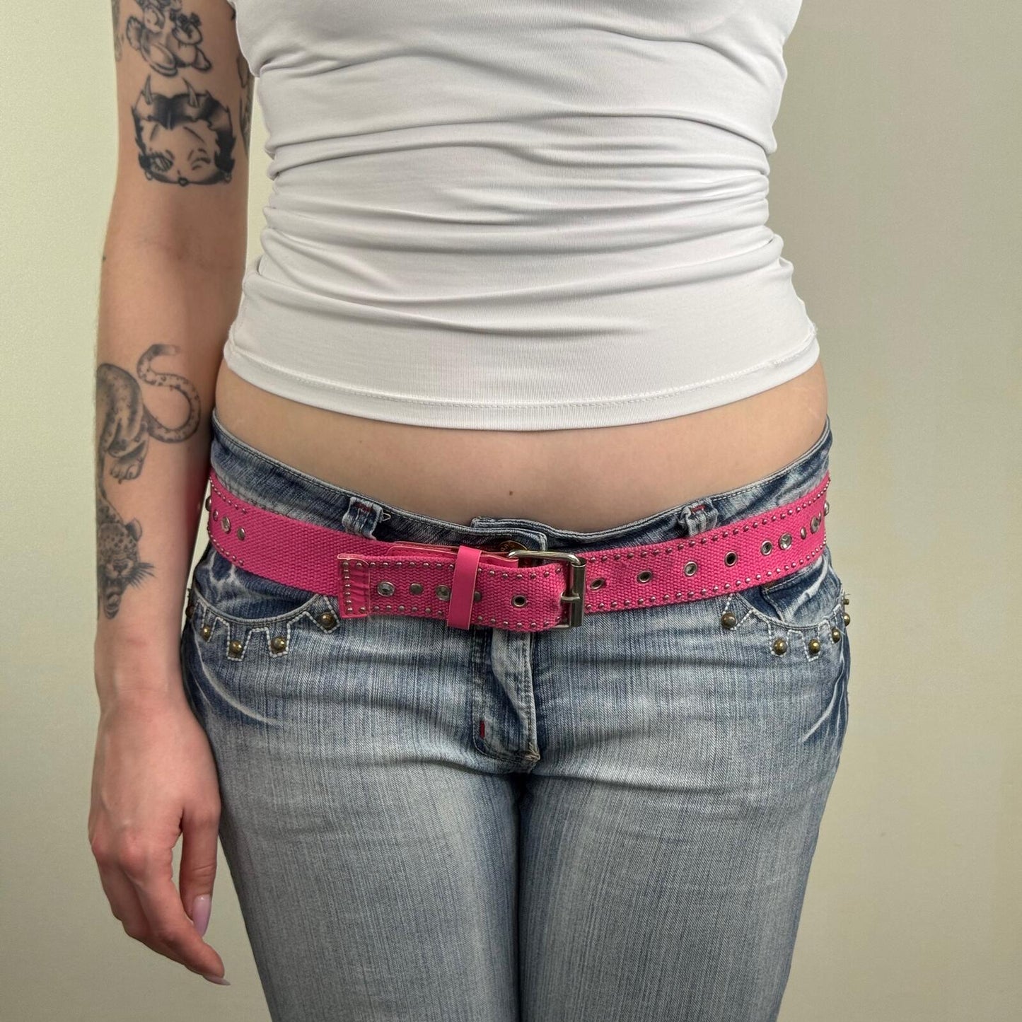 Y2K vintage belt rhinestone canvas studded hot pink
